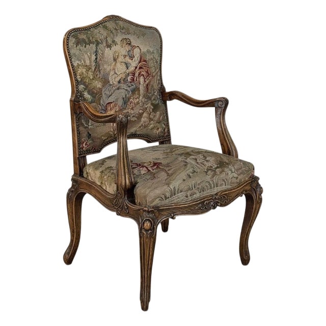 Antique French Louis XV Walnut Needlepoint Armchair ~ Fauteuil For Sale