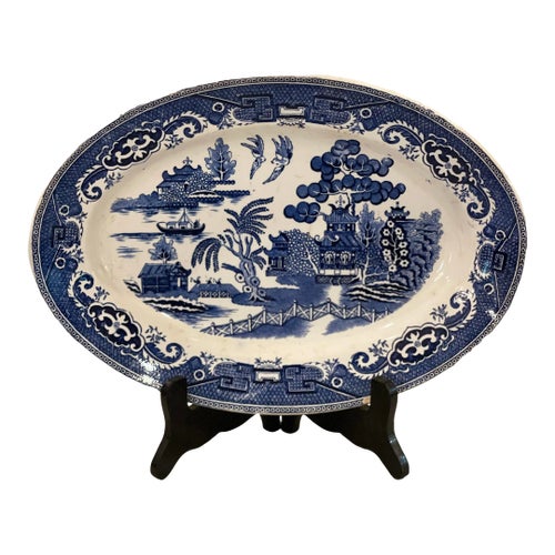 Vintage Blue Willow Heritage Mint Ltd Large Oval Serving Turkey