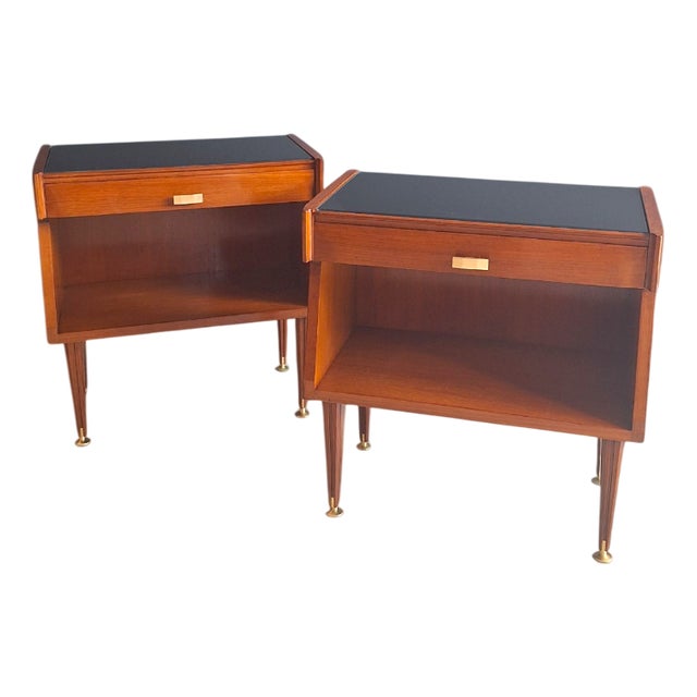 Vintage Italian Teak and Glass Bedside Tables, 1960s, Set of 2 For Sale