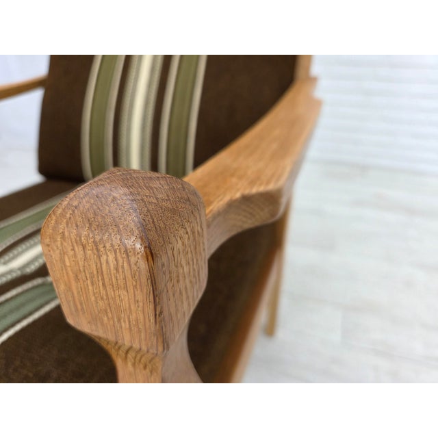 Danish Armchair in Striped Furniture Wool and Carved Oak Wood, 1970s For Sale - Image 9 of 17
