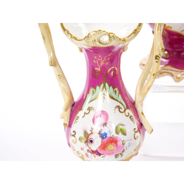 Antique English Porcelain Gilt & Painted Three-Piece Urn / Vase Garniture Set For Sale In New York - Image 6 of 10