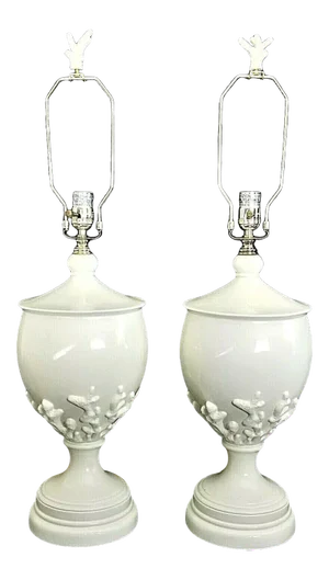 Designer Coastal Table Lamps With Embossed Coral and Coral Finials - Set of 2