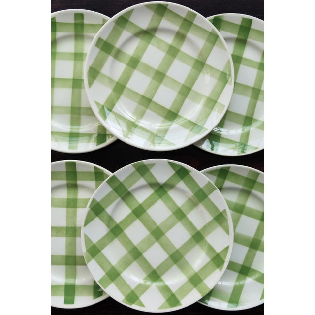 Vintage Earthenware Dessert Plates with Green Tablecloth Pattern from Moulin Des Loups, 1960s, Set of 6 For Sale - Image 3 of 8