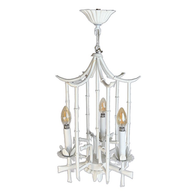 1970's Faux Bamboo White Pagoda Three Arm Tole Chandelier For Sale