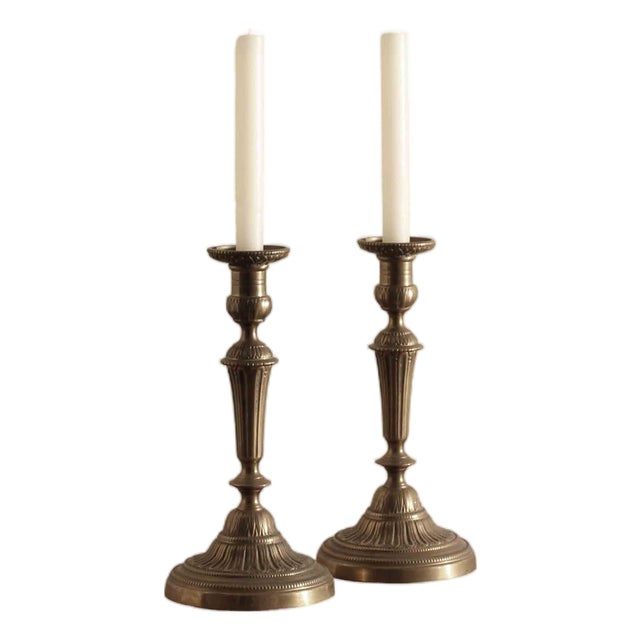 Antique French Fluted Brass Candlesticks, 1800s, Set of 2 For Sale
