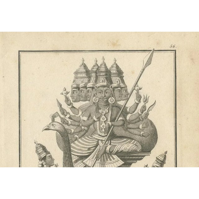 Title: 1806 Engraving: Subramanya on Peacock, War Deity in Hindu Mythology : This dynamic antique print, titled...