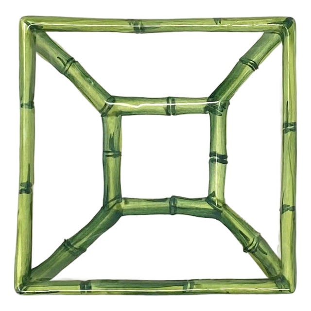 Fret Rim Dip Cup, Italian Hand-Painted Ceramic Bamboo Motif in Green For Sale