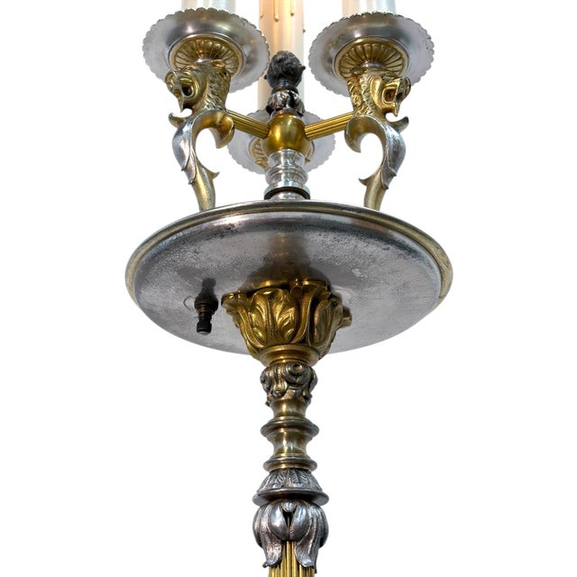 Early 20th Century Lion's Heads Candleabra Floor Lamp in Cast Brass With Silver Accents #2612 For Sale - Image 11 of 11