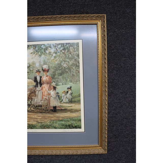 Vintage figurative garden scene print depicting an elegant turn-of-the-century park setting with figures, children, and a...