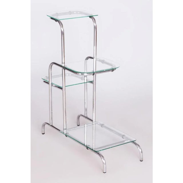 Restored Bauhaus Etagere. Source: Czechia (Czechoslovakia) Period: 1930-1939 Material: Chrome-Plated Steel, Glass The...