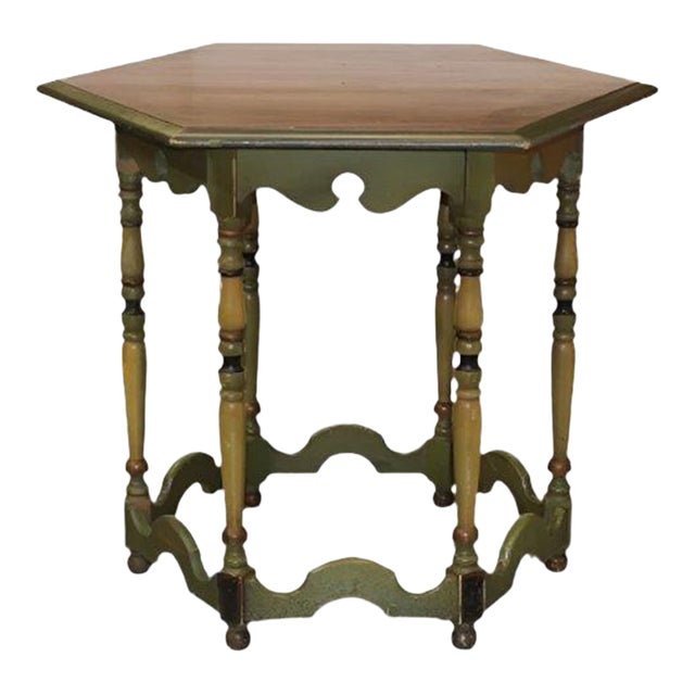 Antique Hexagon Table | Green and Yellow Painted Wood For Sale