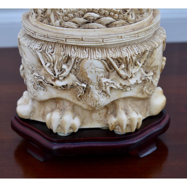 Vintage Emperor Resin Statue Chinese Faux Ivory Carved Figurine Dragon Throne For Sale - Image 12 of 15
