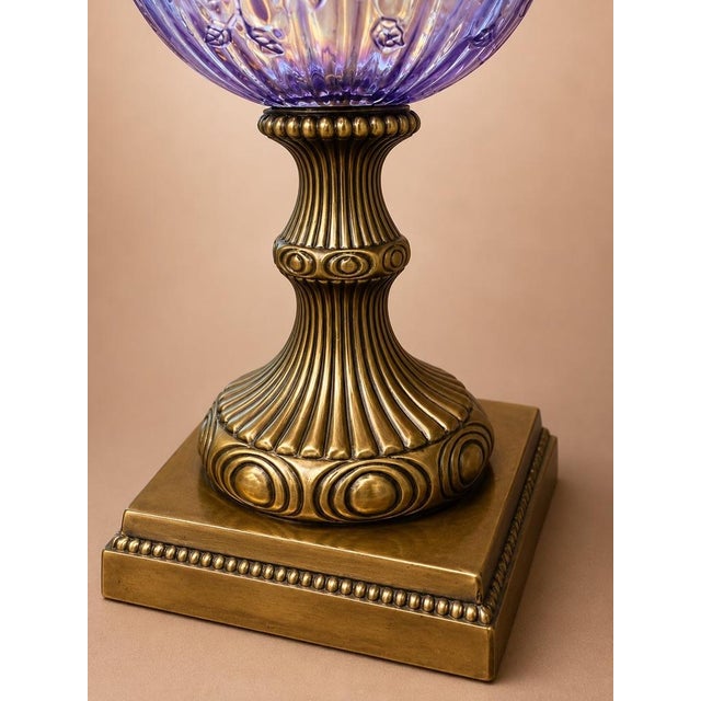 Vintage Amethyst Carnival Glass Hurricane Lamp With Brass Base & Crystal Prisms For Sale In Las Vegas - Image 6 of 6