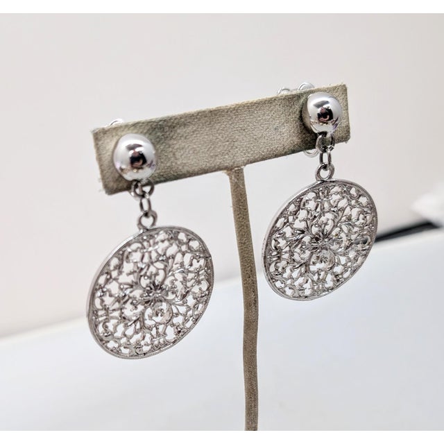 Napier Vintage C1973 Signed Napier Rhodium Plated Openwork Drop Clip Earrings-2 Pieces For Sale - Image 4 of 8