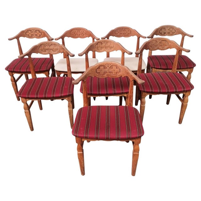 Original Brutalist Viking Dining Chairs in Oak by Henning Kjærnulf for EG, 1970s, Set of 8 For Sale - Image 12 of 12