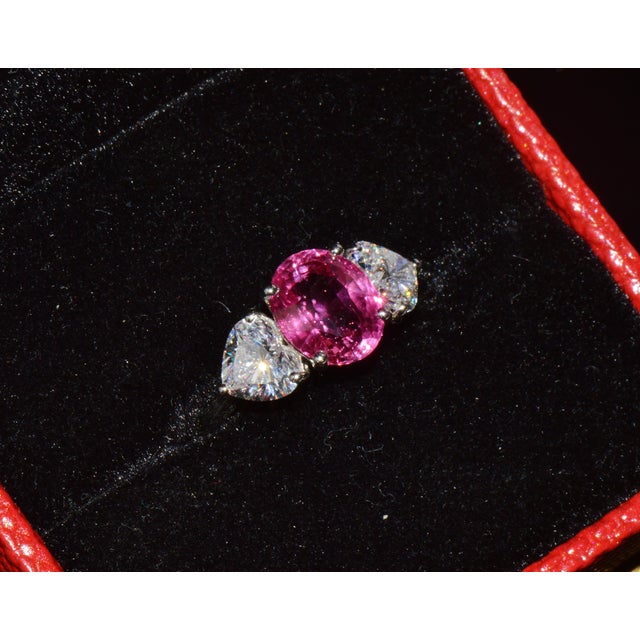 Late 20th Century Gia 4.47Cts No-Heat Mozambique Ruby & D Vvs2 Heart Diamond Platinum Three Stone Ring, Size 6 For Sale - Image 14 of 18