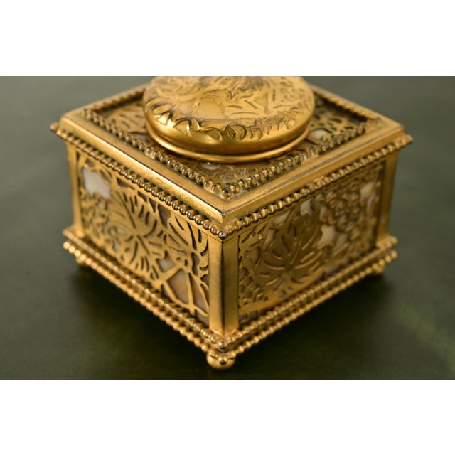 Tiffany Studios New York Grapevine Bronze Doré and Favrile Slag Glass Inkwell For Sale - Image 9 of 14