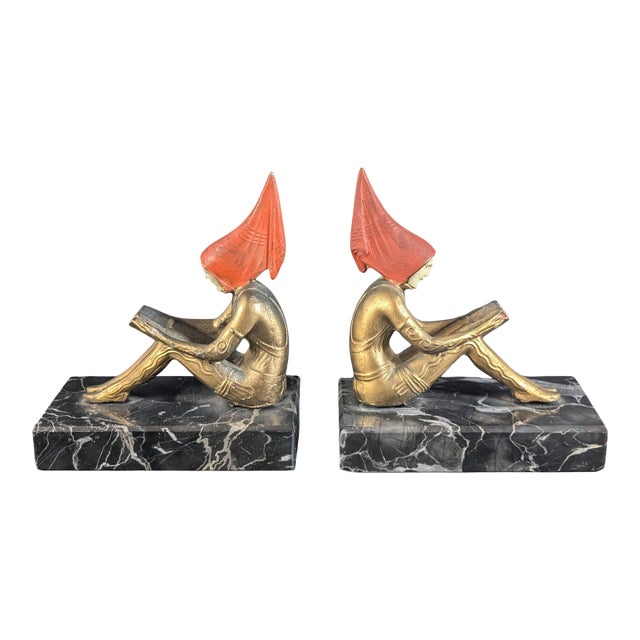 1920's Art Deco Hirsch Pixie Girl Bookend Pair Painted Bronze on Marble For Sale