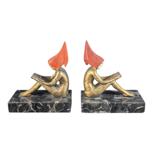 1920's Art Deco Hirsch Pixie Girl Bookend Pair Painted Bronze on Marble