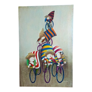 Vintage 1980s Large Whimsical Bicyclists Decorative Canvas Art After Graciela Rodo Boulanger For Sale