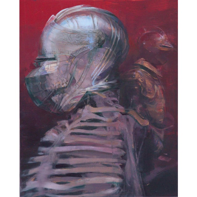 Reunited by Elena Burykina | Oil on panel Painting of armored figures against a red background For Sale