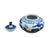 This exquisite, miniature blue and white porcelain jar features a squat, rounded body and a matching domed lid crowned...