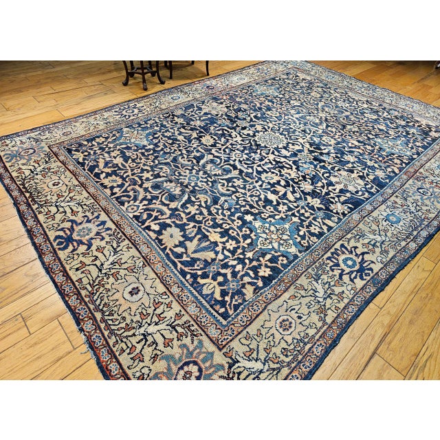 Textile Antique Ziegler Mahal Sultanabad Rug, Hand-Knotted Wool, Geometric Pattern, Navy & Ivory, 9x12 For Sale - Image 7 of 16
