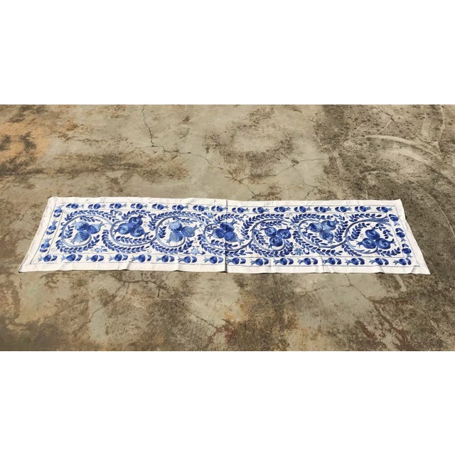 1990s Art Deco Suzani Handmade Blue Crochet Table Runner For Sale - Image 5 of 9
