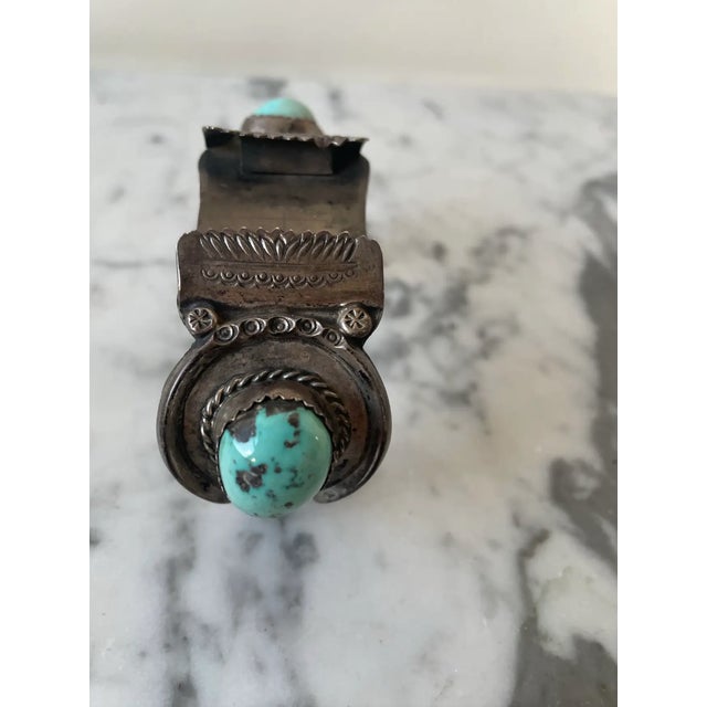 American Rare Vintage American Sterling Silver and Turquoise Watch Band Cuff Bracelet For Sale - Image 3 of 6