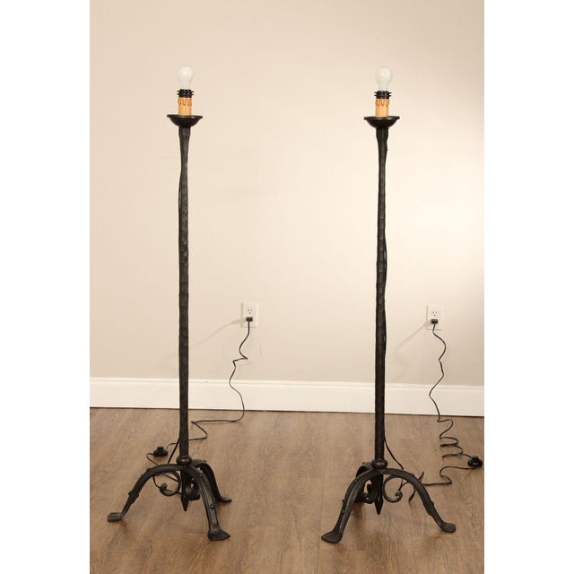Late 20th Century Gothic Revival Style Pair of Forged Iron Torchiere Floor Lamps For Sale - Image 5 of 12