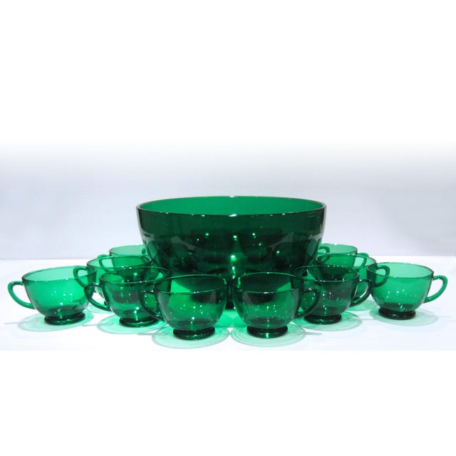 Vintage Anchor Hocking Forest Green Glass Punch Set With Bowl and 14