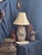 Vintage Ethan Allen stoneware table lamp featuring a hand-decorated deer motif in cobalt blue on a cream speckled crock-...