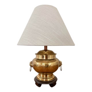 Vintage Hammered Brass Lamp With Foo Dog Handles, With Linen Lampshade For Sale