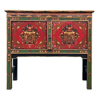 Asian Tibetan Style Floral Graphic Red Green Yellow Console Credenza Table For Sale