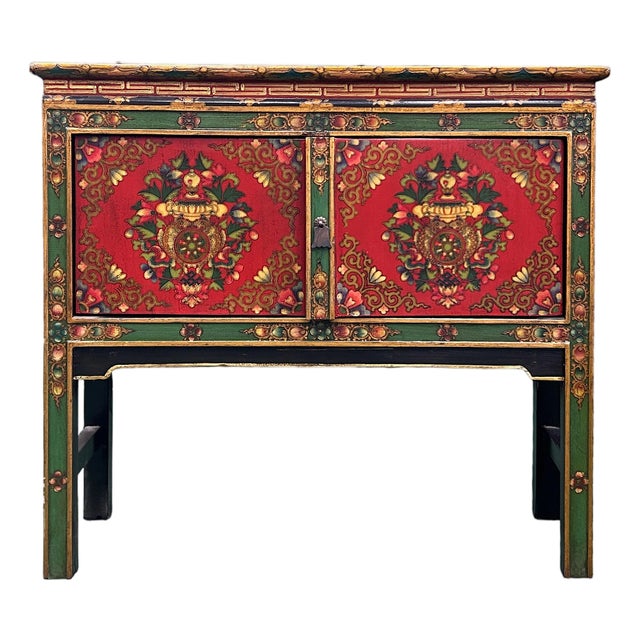 Asian Tibetan Style Floral Graphic Red Green Yellow Console Credenza Table For Sale