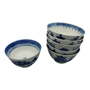 Mid-19th Century Set of 6 Blue Canton Porcelain Rice or Soup Bowls, Chinese