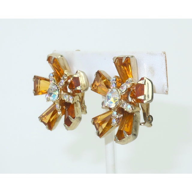 Juliana 1960's Amber Crystal & Rhinestone Starburst Earrings For Sale - Image 4 of 12