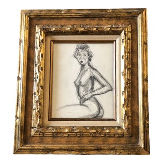 Original Vintage Female Nude Charcoal Study Drawing Vintage Frame 1970’s For Sale