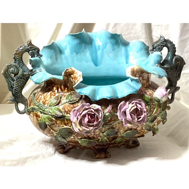 Antique French Barbotine Majolica Rose Basket Centerpiece Planter For Sale - Image 10 of 12