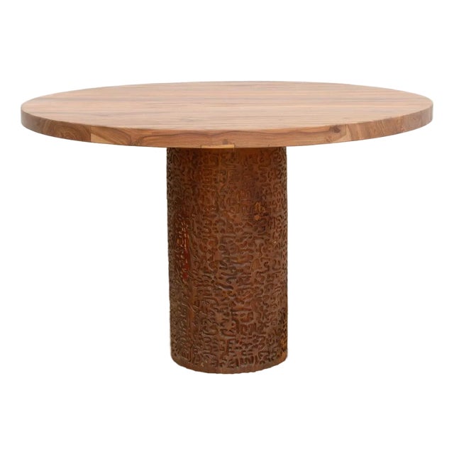 Finely Carved Reclaimed Teak Round Pedestal Dining Table For Sale