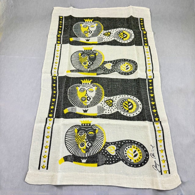 From the designer Georges Briard, a Mid-Century era Lion tea towel. Silk-screen on linen. Georges Briard created award-...