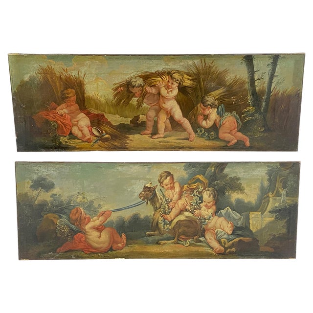 French Artist, Cherubs, 18th Century, Large Oil on Canvas Paintings, Set of 2 For Sale