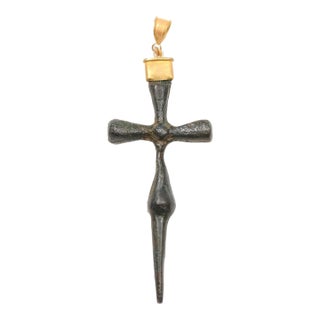 Antique Slender Bronze cross with 21K gold accents For Sale