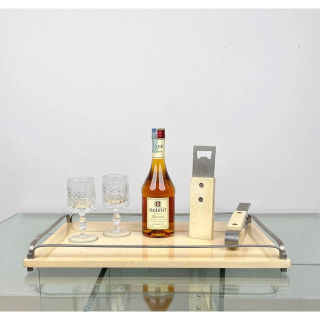 1950s Goatskin & Steel Tray, Tongs & Corkscrew Barware Set by Aldo Tura, Italy, Set of 3 For Sale - Image 5 of 17