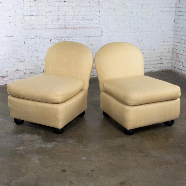 Handsome vintage Modern pair of slipper chairs by Hickory Kay Lyn composed of round backs, loose zippered poly wrapped...