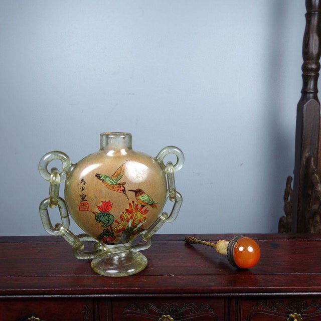 Arts & Crafts Hand-Painted Glass Snuff Bottle With Chain and Bird Motif For Sale - Image 3 of 9