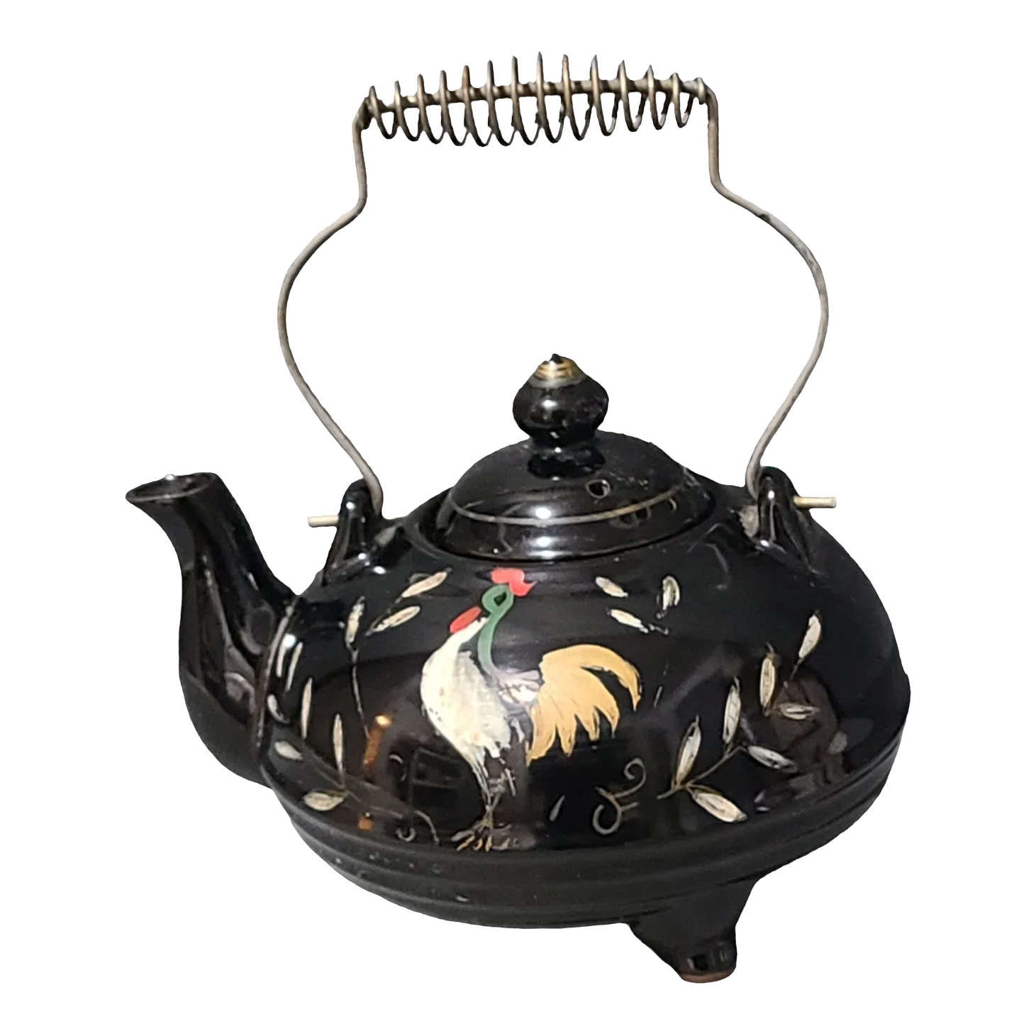 Vintage Japanese Asian Red-Ware Black Glazed Hand Painted Rooster