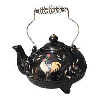 Vintage Japanese Asian Red-Ware Black Glazed Hand Painted Rooster Wire Handle Tea Pot For Sale