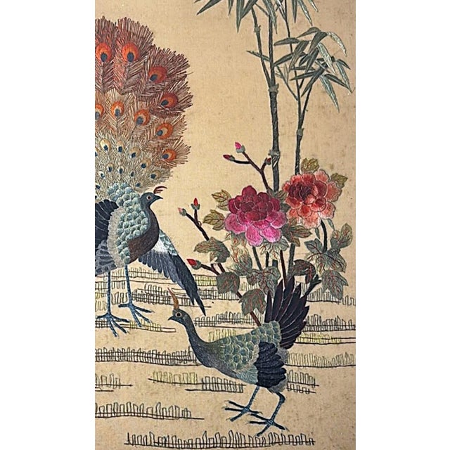 Apricot Antique Chinese Silk Embroidery Panel With Peacocks, Peonies, and Bamboo For Sale - Image 8 of 18