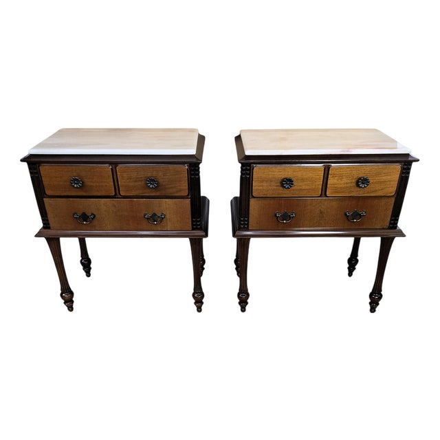 Mid-Century Italian Art Deco Style Wood Bedside Tables with Marble Tops, 1950s, Set of 2 For Sale
